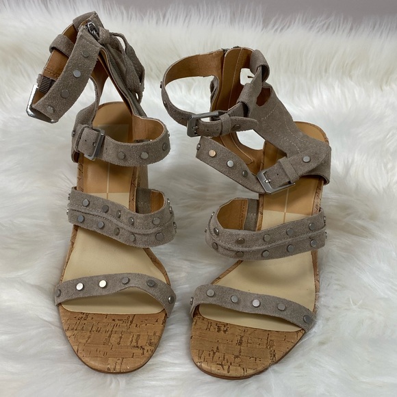 NWOB Dolce Vita Suede Strapy Cork Heels & Metal Stud Details - Picture 3 of 9